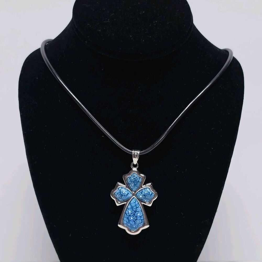 Murano Millefiori Glass Blue Cross Pendant Necklace Italy Summer Boho Floral